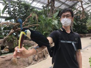 シロムネオオハシに餌をあげるカツヒコ.jp